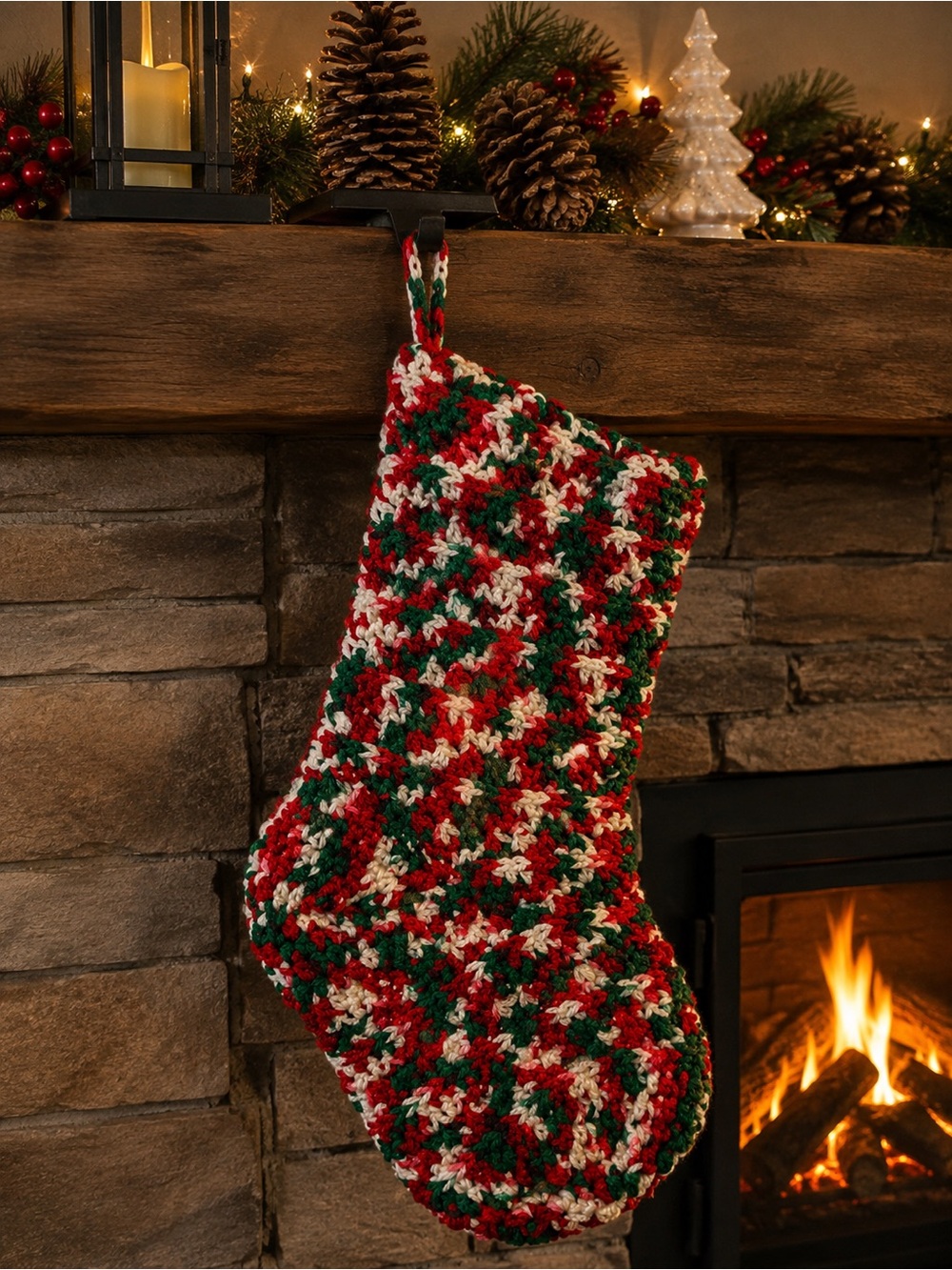 Handmade Crochet Christmas Stocking Red Green White Holiday Mantel Decor